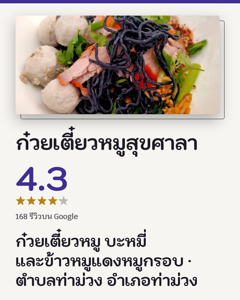 ก๋วยเตี๋ยวหมูสุขศาลา · Google 4.3 ★ · 168 รีวิวบน Google · ก๋วยเตี๋ยวหมู บะหมี่ และข้าวหมูแดงหมูกรอบ · ตำบลท่าม่วง อำเภอท่าม่วง